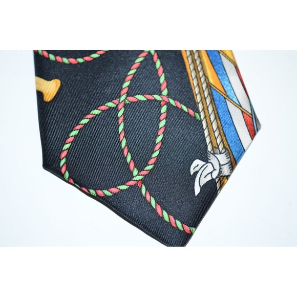 Vtg Hermes Les Tambours Black Gold drums tassels Tie 100% Silk Made in France - Picture 2 of 10